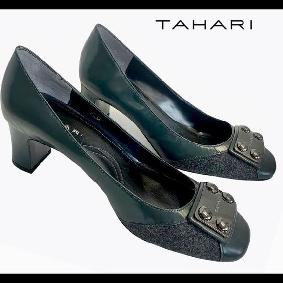 TAHARI "Shirley" Gray Block Heel Pumps Size 7.5 - Picture 1 of 9